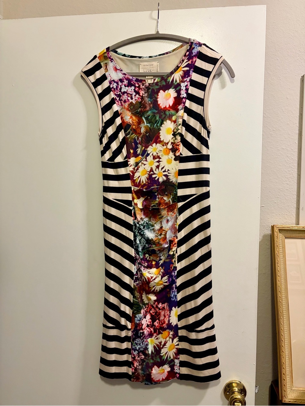 Artelier Nicole Miller Black & White Striped Midi Dress with Floral Center